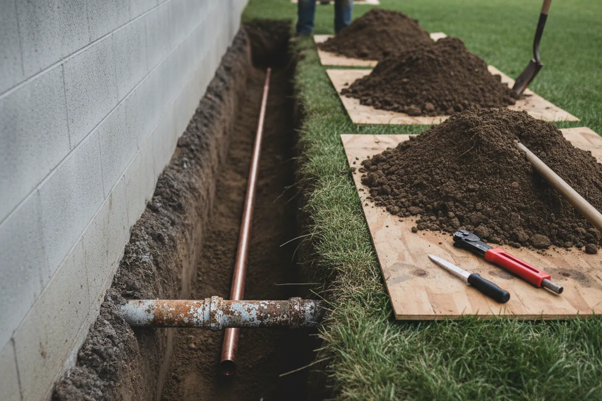 Excavated water line trench during Water Heater Repair in Sunset